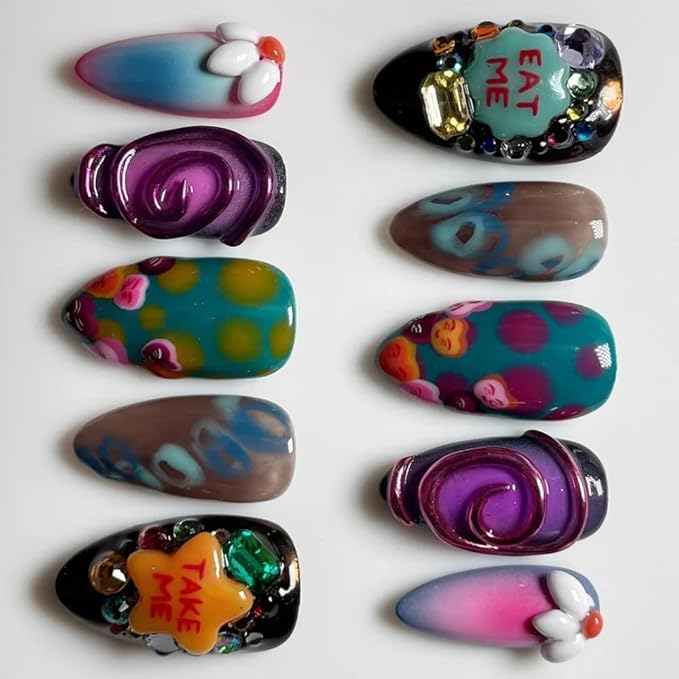 Medium Press On Nails - Handmade Unique Medium Almond Fake Nails, Thick Acrylic and Muti-Layer Gel False Nails, Reusable Gel Cured Sturdier 3D Fake Nails Set, DIY Art Decorate-M size