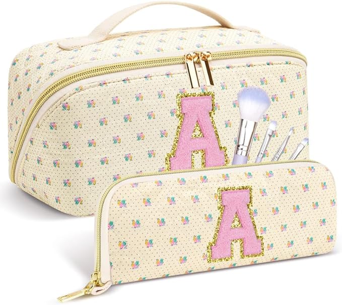 Personalized Travel Makeup Bag Set, Initial Travel Cute Floral Makeup Organizer Bag, Beige Toiletry Skincare Cosmetic Bag, Valentine’s Day Gifts for Women/Girls, Open Flat Toiletry Pouch Brush Bag