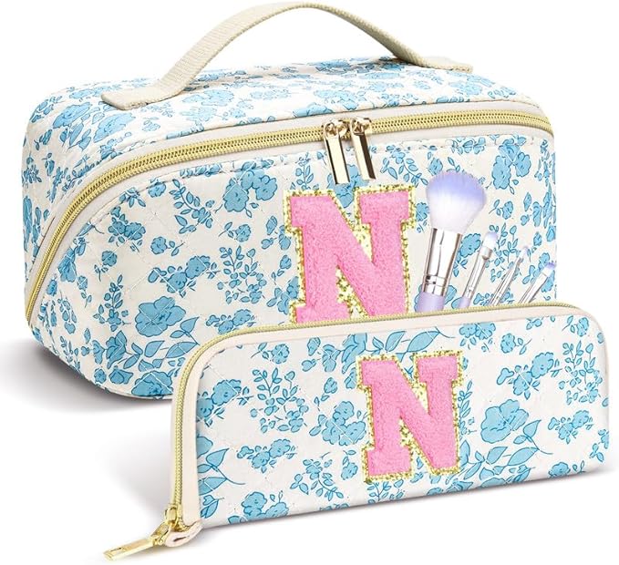 Personalized Travel Makeup Bag Set,Initial Travel Cute Floral Makeup Organizer Bag,Toiletry Skincare Cosmetic Bag, Valentine’s Day Gifts for Women/Girls,Open Flat Toiletry Pouch with Brush Pocket-S