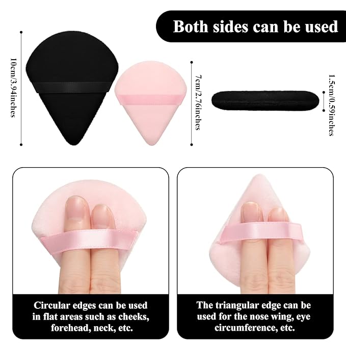 Maitys 12 Pcs Powder Puff Triangle for Face Makeup Cosmetic Loose Powder Puff Velour Soft Body Washable Reusable Foundation Sponge Wet Dry Makeup Tool for Women(Large, Small,Black, Pink)