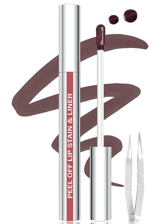 QCMME Lip Stain Peel Off Lip Liner Stain with Tweezer, Long Lasting Matte Lip Tint Tattoo, Highly Pigmented Color Lip Makeup, Waterproof Lipstick, Transfer-proof Lipstain for Women, Brown