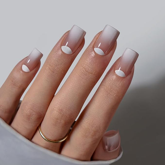 BTArtbox Short Ombre Press On Nails - Square Nail Tips with Glue for Women, Opaque Soft Gel Glue On Nails in 16 Sizes - 32 Stick On Nails Kit, Edge Play