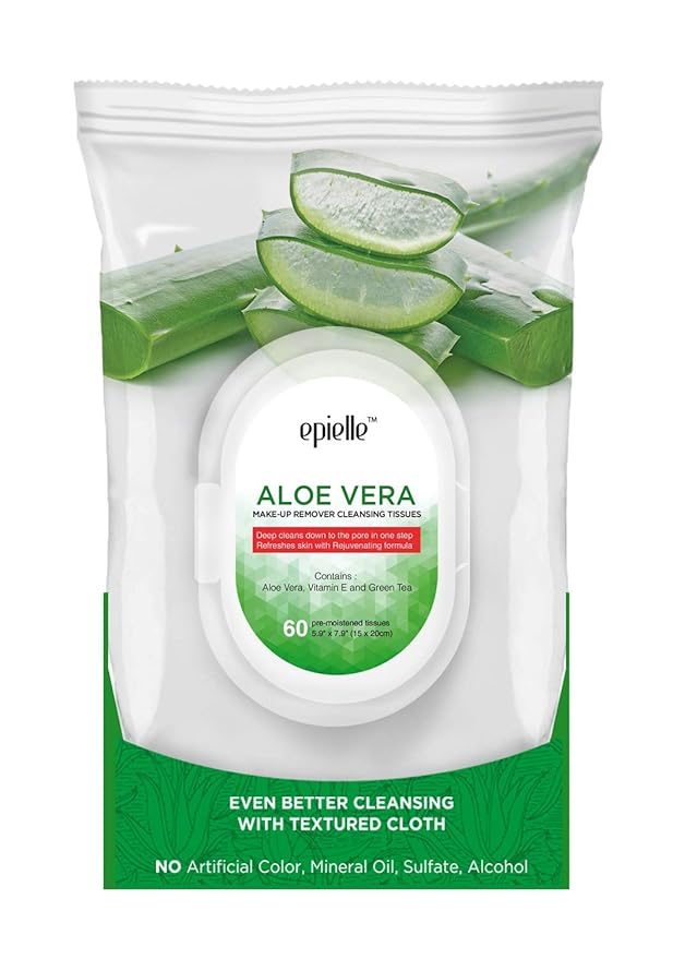 Epielle Aloe Vera Makeup Remover Wipes, Gentle Daily Facial Cleanser Towelettes, Remove Dirt, Oil & Waterproof Mascara, Stocking Stuffers, 60 Count (Pack of 2)