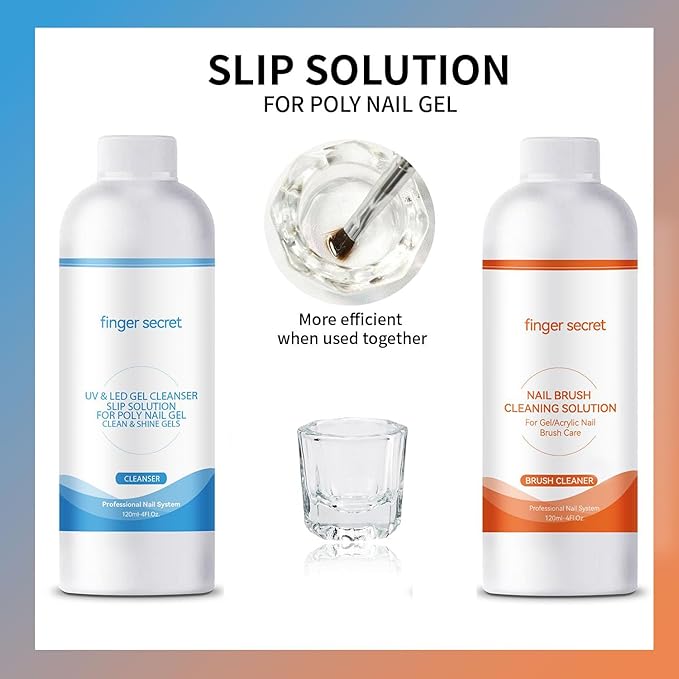 BEVINAS Slip Solution Kit Slip Solution & Nail Brush Cleaner Slip Solution for Poly Gel Nails Quickly Clean Nail Brushes with Glass Cup Nail Cleaning pads Easy DIY Poly Gel Nail at Home