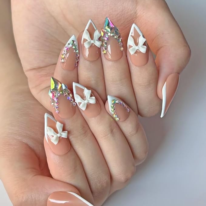 MAGLFELL Press on Nails Handmade Medium Length Almond Fake Nails, 3D French Salon Bow Design False Nails, 10 Pcs Reusable ABS Material Nail Tip Artificial Nails for Women (Size M)
