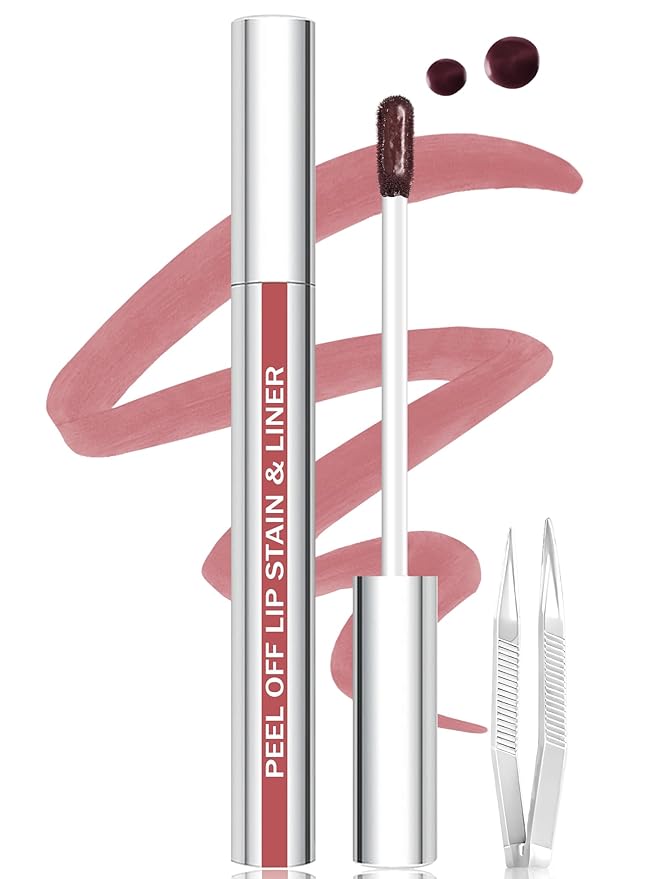 QCMME Lip Stain Peel Off Lip Liner Stain with Tweezer, Long Lasting Matte Lip Tint Tattoo, Highly Pigmented Color Lip Makeup, Waterproof Lipstick, Transfer-proof Lipstain for Women, Warm Rose