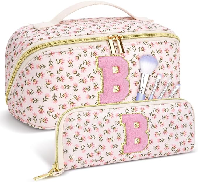 Personalized Travel Makeup Bag Set,Initial Travel Cute Floral Makeup Organizer Bag,Toiletry Skincare Cosmetic Bag,Valentine’s Day Gifts for Women/Girls,Open Flat Toiletry Pouch with Brush Pocket-S