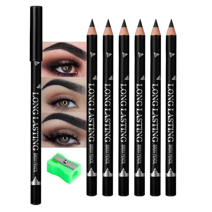 Black Eyebrow Pencils for Women with Sharpener, 6Pcs Hard-Core Wooden Eye Brow Eye Liner Pencils for Beginner Makeup, Waterproof & Sweat-Proof
