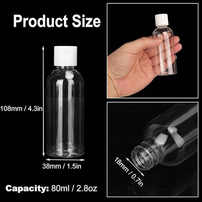 KUKLIPJIM 80 Pack 2.8 oz Clear Plastic Bottles with White Flip Caps, Travel-Friendly, BPA-Free Cosmetic Bottles
