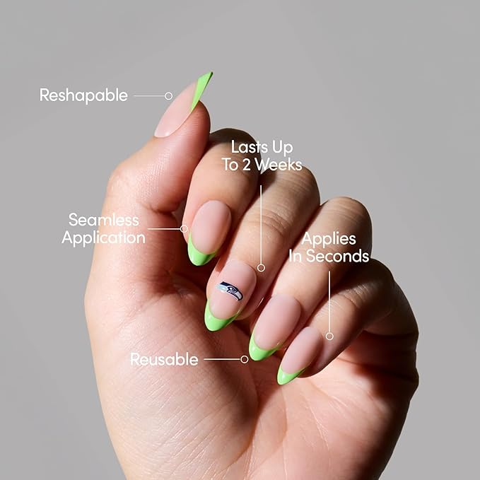 Glamnetic x Fanatics Press On Nails - Seattle Seahawks | Short Almond Fake Nails, NFL Seahawks Green French Tips, Football Nails, Salon-Quality | 15 Sizes - 30 Nail Kit with Glue