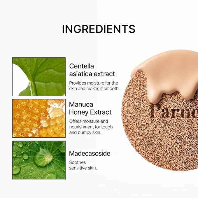Parnell Cicamanu Serum Cushion - Moisturizing Foundation for Soothing, Coverage, Glass Skin and Lightweight for Sensitive and Dry Skin Pearl Skin (0.52 Fl Oz) (33N)