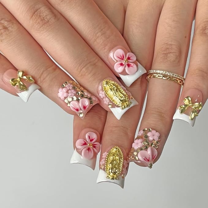 Press On Nails Handmade Short Duck Nails, Glossy Art Designs Reusable Acrylic Artificial Stick On Nails, 10 Pcs False Nails Set (Size L)