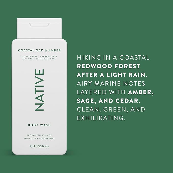 Native Body Wash Contains Naturally Derived Ingredients | For Women & Men, Sulfate, Paraben, & Dye Free Leaving Skin Soft and Hydrating | Coastal Oak & Amber 18 oz