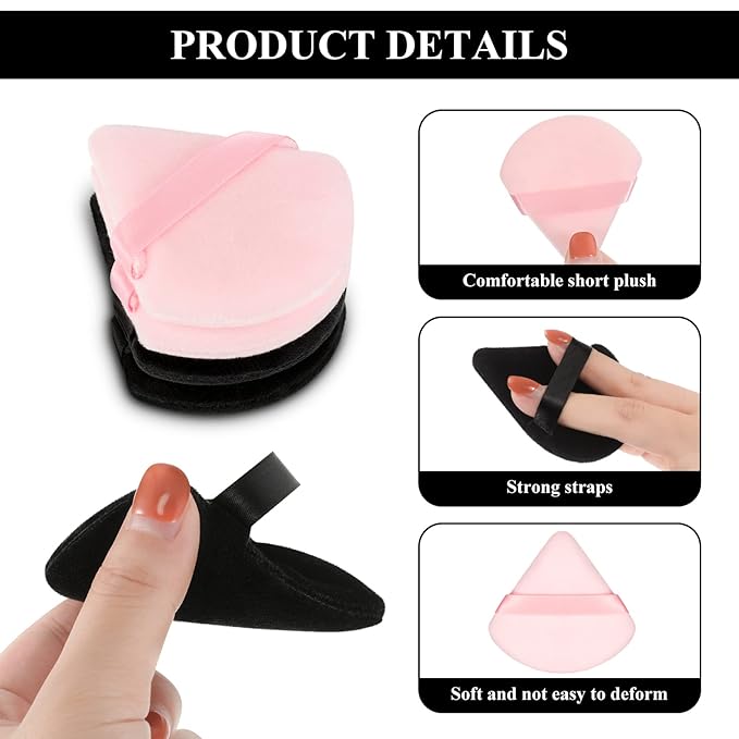 Maitys 12 Pcs Powder Puff Triangle for Face Makeup Cosmetic Loose Powder Puff Velour Soft Body Washable Reusable Foundation Sponge Wet Dry Makeup Tool for Women(Small,Black, Pink)
