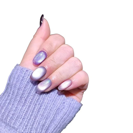 Cat Eye Press on Nails Handmade Short Oval/Square/Round False Nails with French Tip/Aurora/Magnetic Shimmer Designs (Group#Mermaid L)