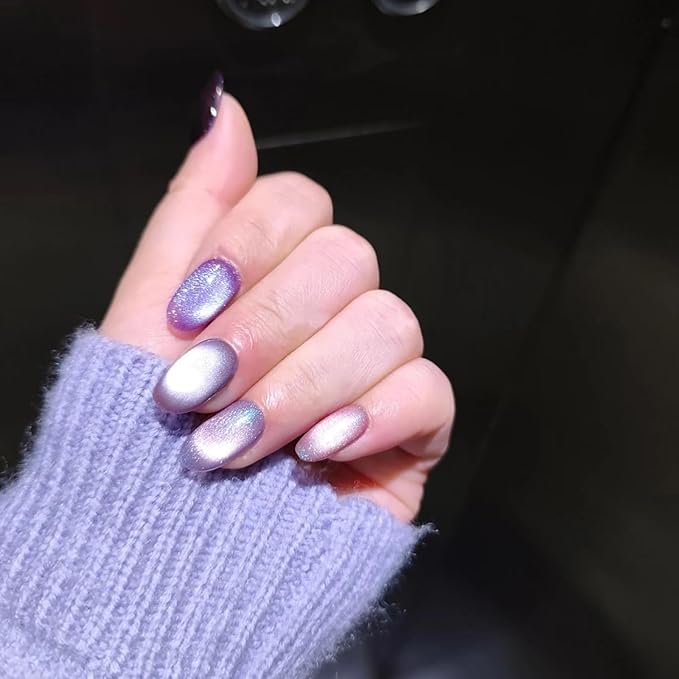 Cat Eye Press on Nails Handmade Short Oval/Square/Round False Nails with French Tip/Aurora/Magnetic Shimmer Designs (Group#Mermaid L)