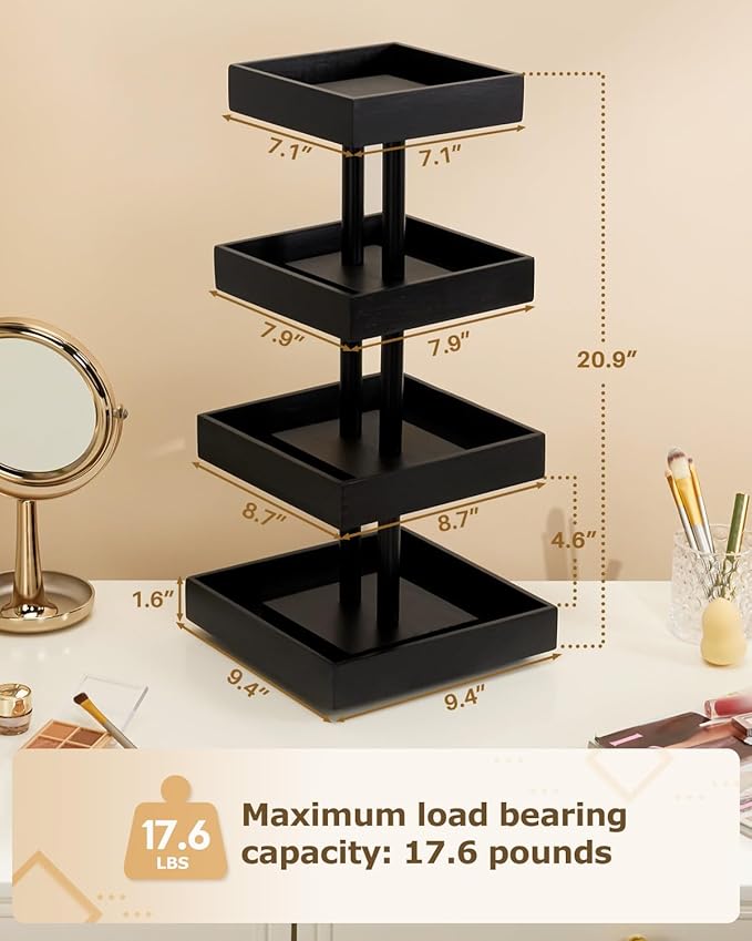 Homde Nail Polish Display Stand and Storage: 360 Degree Rotating Bamboo Rack Organizer, 4 Tier Makeup Holder for Fast Access on Countertop or Vanity for Girls & Women,Black