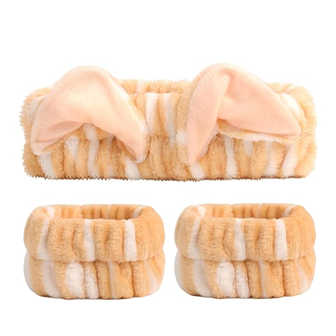 PERFECTSIGHT 2 Pack Cute Animal Headbands for Makeup Wash Shower Adjustable Elastic Hair Band for Girls and Women (Yellow Cat Ear)