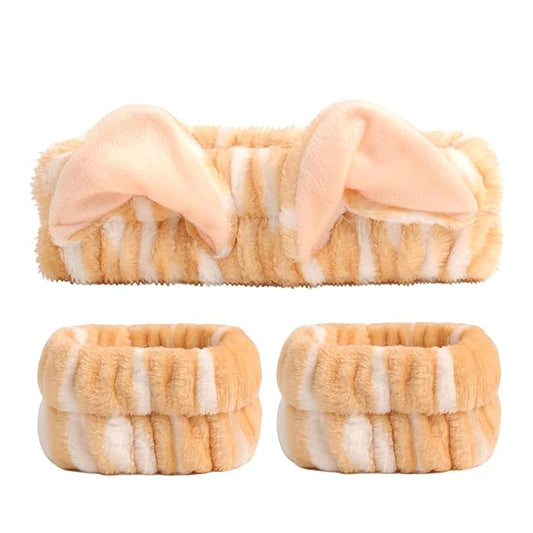 PERFECTSIGHT 2 Pack Cute Animal Headbands for Makeup Wash Shower Adjustable Elastic Hair Band for Girls and Women (Yellow Cat Ear)