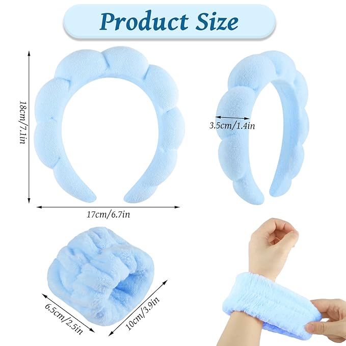 WSICSE Sponge Spa Headband for Women, Blue Skincare Headband and Wrist Washband Set Makeup Hairband Womens Stocking Stuffer