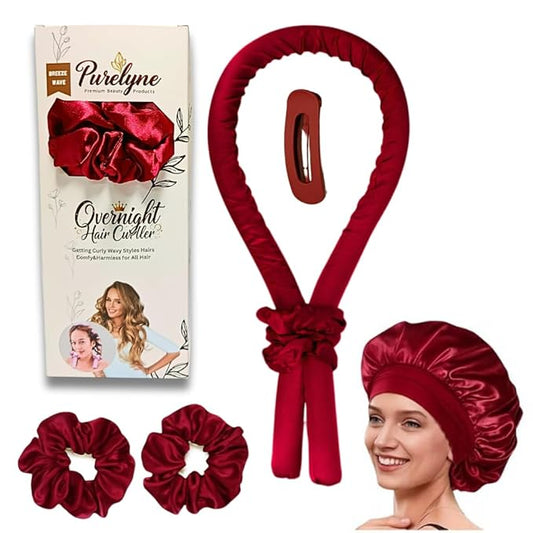 PURELYNE Heatless Hair Curler | 5PC No Heat Curling Rod Headband | With Satin Bonnet, Curler, 2 Scrunchies & Claw Clip Set | Curl Kit for Women & Girls (Wine Red, Medium)