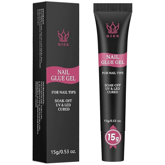 QIEK Nail Tips Gel Glue 15g - Lamp Curing Solid Nail Glue for False Acrylic Nails, Crystal Clear Long Lasting 28 Days No Yellowing Salon Quality DIY Home Beginner-friendly