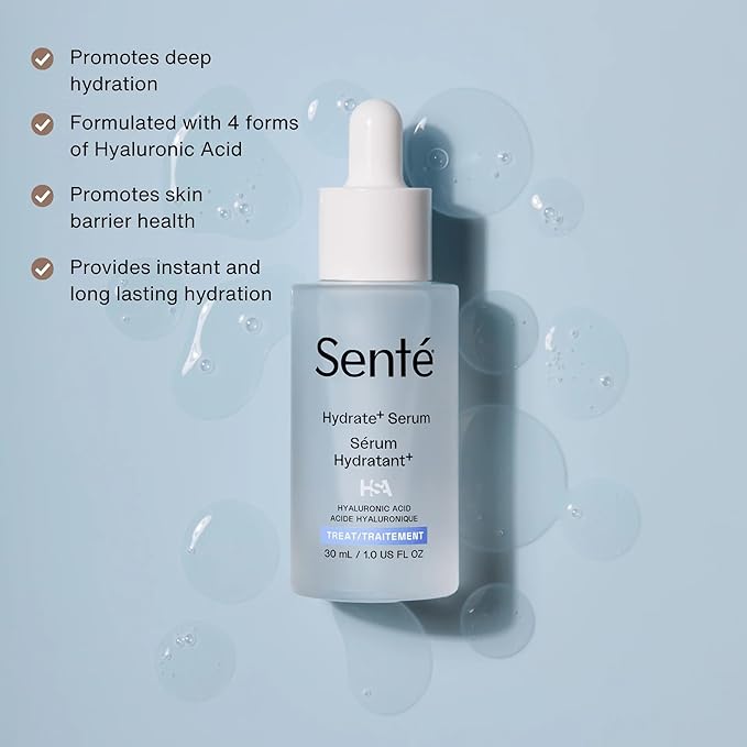 Senté Hydrate+ Serum | Hyaluronic Acid with HSA for Glass Skin | Deep Hydration & Barrier Support | Fast-Absorbing | Calms & Soothes | Paraben, Cruelty, Fragrance Free | 1.0 oz