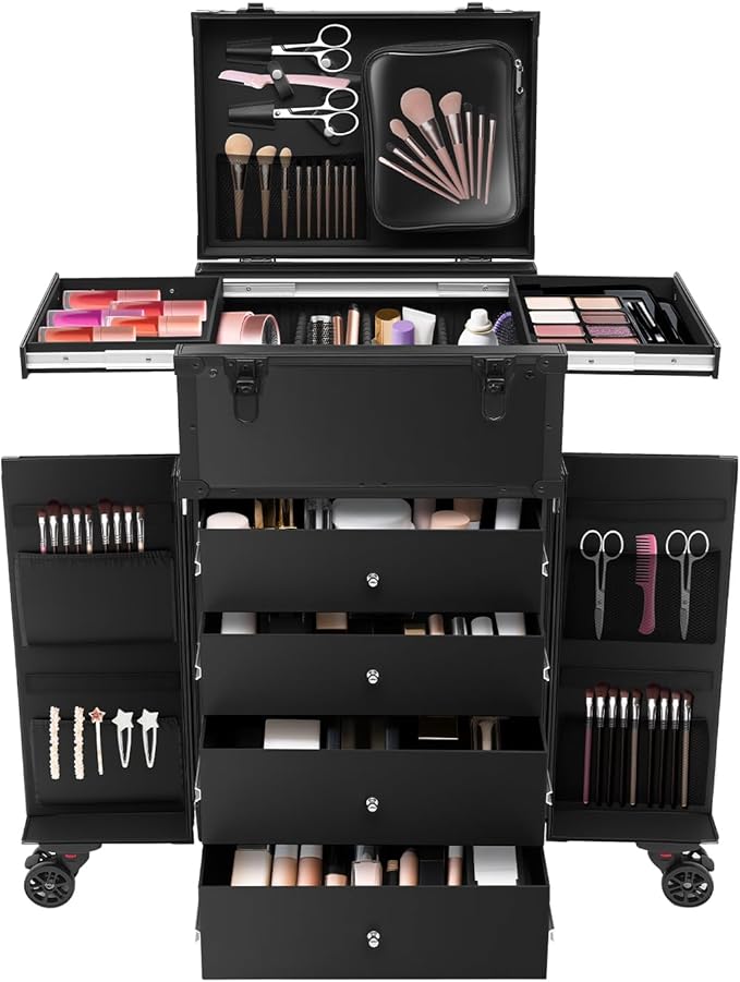 Professional Rolling Makeup Case 4 Drawers Makeup Travel Case for Makeup Artist, Hairstylists, Large Storage Cosmetic Case Trolley, Make-up Travel Organizer with Key Swivel Wheels