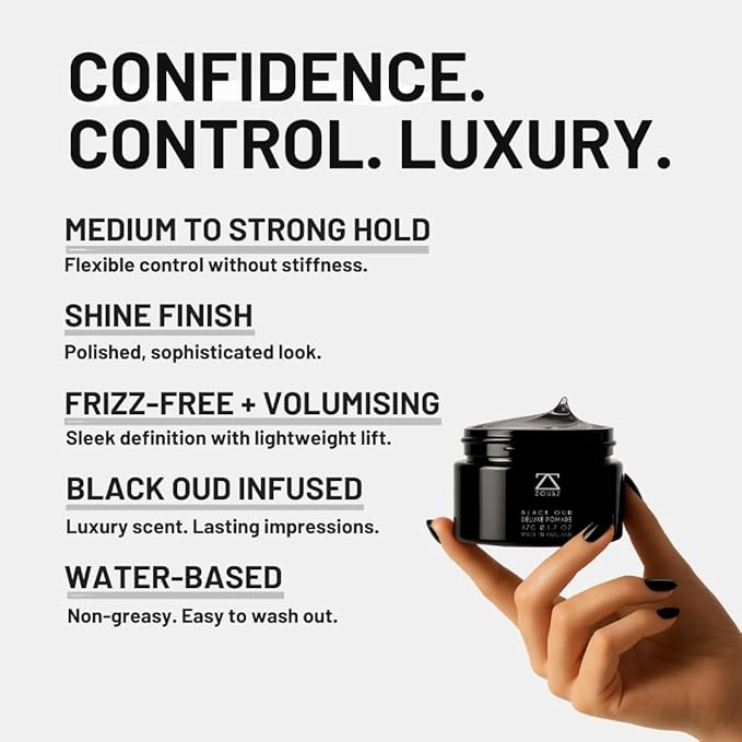 ZOUSZ Black Oud Deluxe Pomade for Men – Premium Hair Clay & Styling Wax with Natural Hold – Matte Finish Hair Wax for All Hair Types – Strong Yet Flexible – Luxury Grooming Gift for Men – 47g