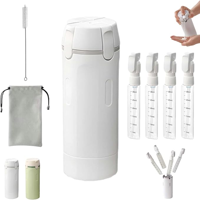 4 in 1 Travel Dispenser Bottle, 4 Pump Travel Bottle Set, 4 in 1 Leak Proof Travel Bottle Dispenser, with Measurement Scale & Label Stickers, for Toiletries (A)
