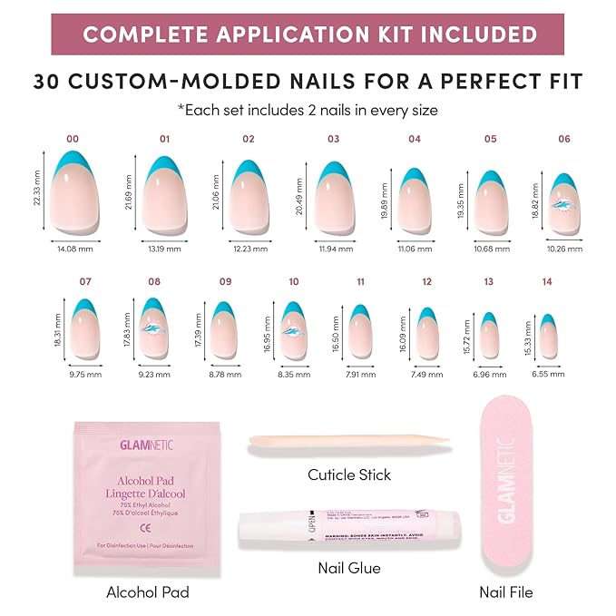 Glamnetic x Fanatics Press On Nails - Miami Dolphins | Short Almond Fake Nails, NFL Dolphins Blue French Tips, Football Nails, Salon-Quality | 15 Sizes - 30 Nail Kit with Glue