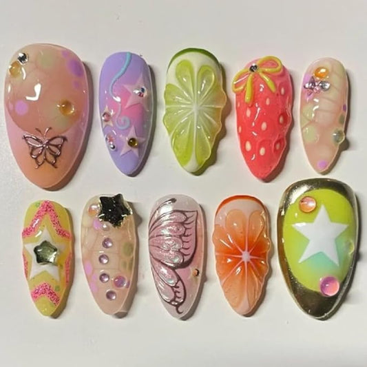 Press On Nails - Handmade Unique Fruit Almond Fake Nails, Thick Acrylic and Muti-Layer Gel False Nails, Reusable Gel Cured Sturdier 3D Fake Nails,DIY Art Decorate with Set (Size S)