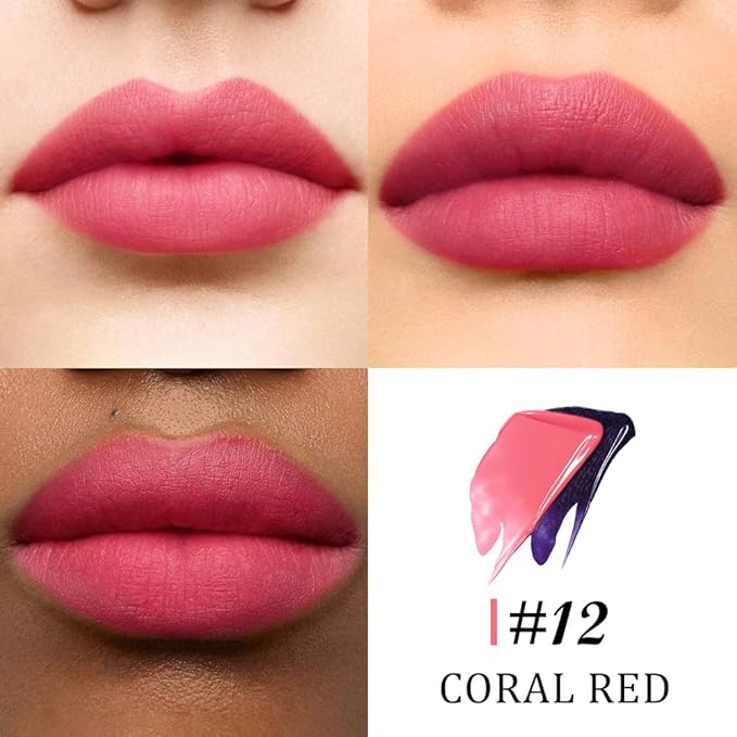 JUAAZIN Peel Off Lip Stain Tattoo with Tweezer - Coral Red Matte Lip Tint, Long Lasting Waterproof Transfer-Proof Liquid Lip Stain, Cruelty-Free Lip Masque for All Skin Types, Valentine's Day Gift 12#