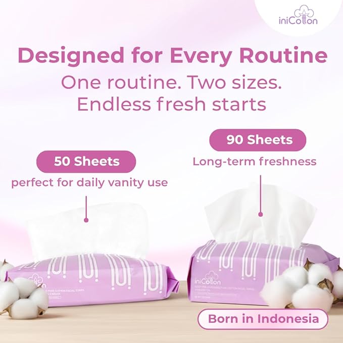 iniCotton Face Towels, Indonesian Unscented Cotton Tissues for Sensitive Skin, Ultra Soft, Clean Towels, Makeup Remover Dry Wipes, Disposable Face Towelette, 1 Pack, 90 Count