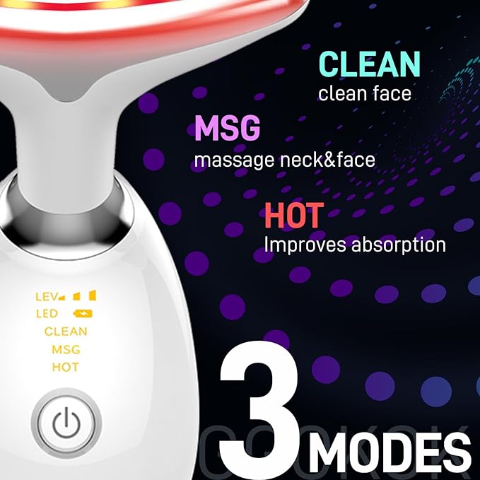 Face Massager with Led Light: 7-Color Facial Device - Neck Wrinkles Tightening Wand - Vibration Tool for Skin Care, White