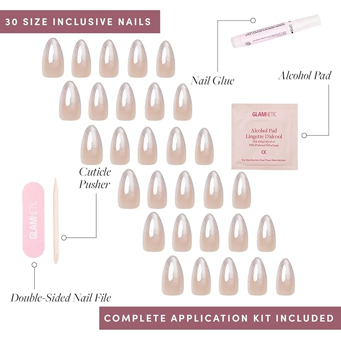 Glamnetic Press On Nails - Polar Night | Short Almond Fake Nails with Ombré Silver Tips and Glossy Velvet Finish, Salon Quality | 15 Sizes - 30 Nail Kit with Glue