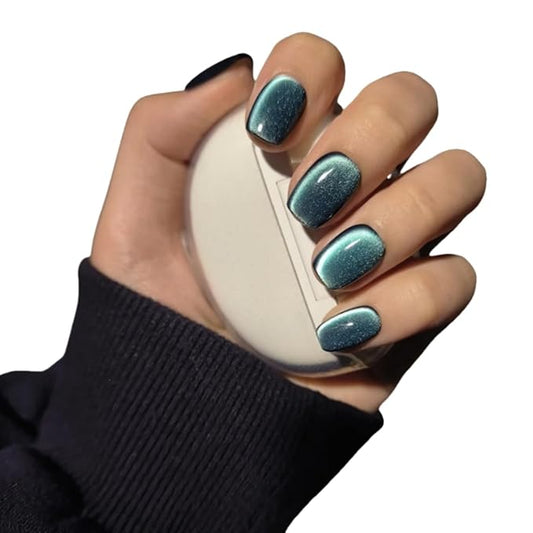 Cat Eye Press on Nails Handmade Short Oval/Square/Round False Nails with French Tip/Aurora/Magnetic Shimmer Designs (Side#Malachite M)