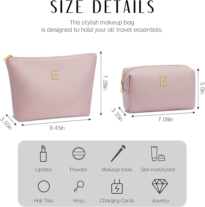 Women Gifts | Initial Makeup Bag Set for Girl Personalized Gifts for Bridesmaid Friend Graduation Teachers PU Leather Cosmetic Travel Toiletry Bag(Pink,E)