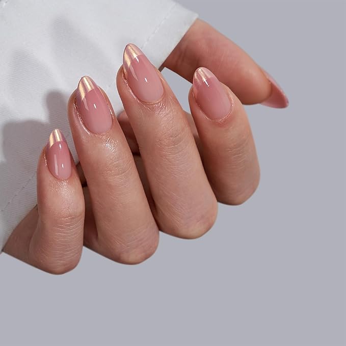 BTArtbox Press On Nails Short - Chrome French Tip Almond Press On Nails with Glue for Women, Opaque Soft Gel Glue On Nails in 16 Sizes - 32 Stick On Nails Kit, Coastal Glow