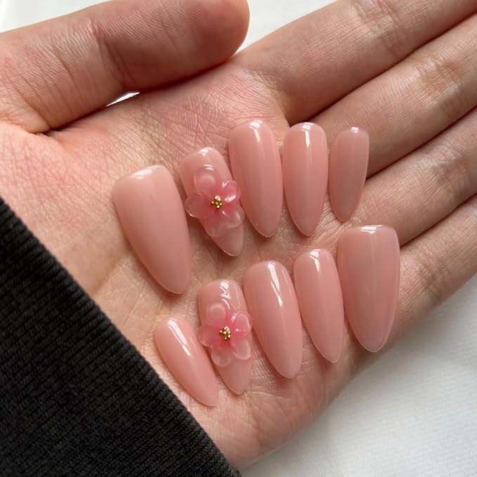 MAGLFELL Press On Nails Medium Almond Shape False Nails, Handmade Acrylic Gel Fake Nails with Art Designs, Reusable 10 Pcs 3D Nails for Women DIY Manicure Kit