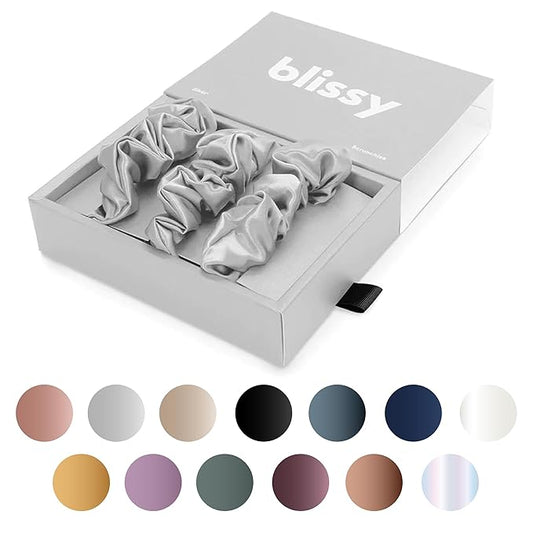 Blissy Silk Scrunchies (3 Pack) - 100% Pure Mulberry Silk - 22 Momme 6A High-Grade Fibers Scrunchie for Straight & Curly Hair - Preventing Breakage, Tangling, & Creasing (Silver Regular)