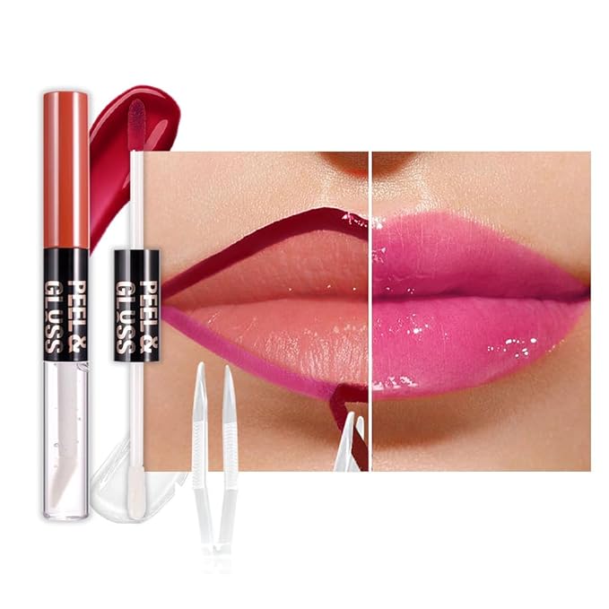 JUAAZIN Raspberry Peach Lip Stain Peel Off Lip liner and Lip oil with Tweezer, Dual-Ended Peel Off Lip Stain Tattoo, Highly Pigmented Long Lasting Waterproof, Transfer-proof for All Skin Types, 03#