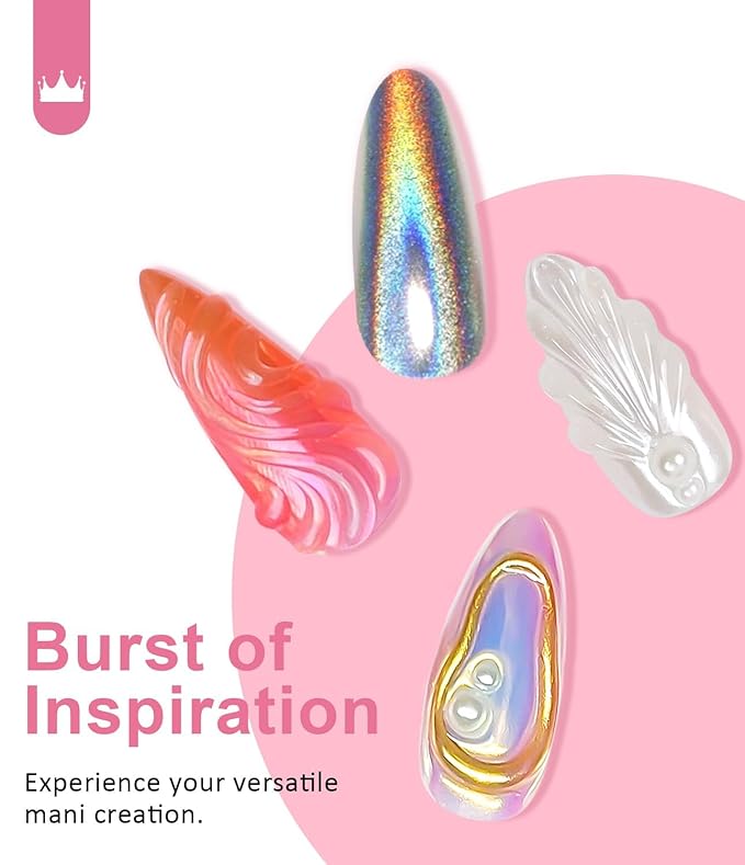 BISHENGYF Gold Chrome Nail Powder - Sparkly Laser Holographic Nail Powder Metallic Mirror Effect Ice Blue Nail Chrome POwder, White Pearl Pigment Holo Iridescent Glitter Dust Kit, Nail Art Decoration