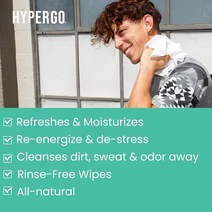 HyperGo XL Body Wipes for Women & Men – 12" x12" Rinse-Free Full Body Cleansing Wipes 2-20 Count Packs - Mint | Biodegradable, Hypoallergenic, Aloe-Infused | Gym, Festival, Camping Essentials