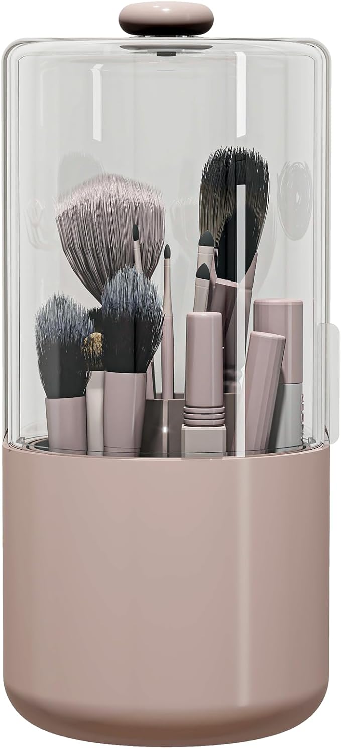 Zufudo Makeup Brush Holder with Dustproof Cover, Clear 360 Rotating Make Up Brushes Organizer for Counter Vanity Bathroom, Pink