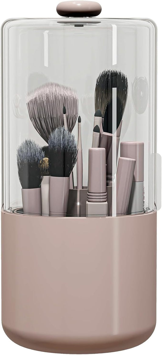 Zufudo Makeup Brush Holder with Dustproof Cover, Clear 360 Rotating Make Up Brushes Organizer for Counter Vanity Bathroom, Pink