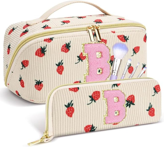 Personalized Travel Makeup Bag Set,Initial Travel Strawberry Makeup Organizer Bag,Toiletry Skincare Cosmetic Bag, Valentine's Day Gifts for Women/Girls/Teen,Open Flat Toiletry Pouch with Brush Bag