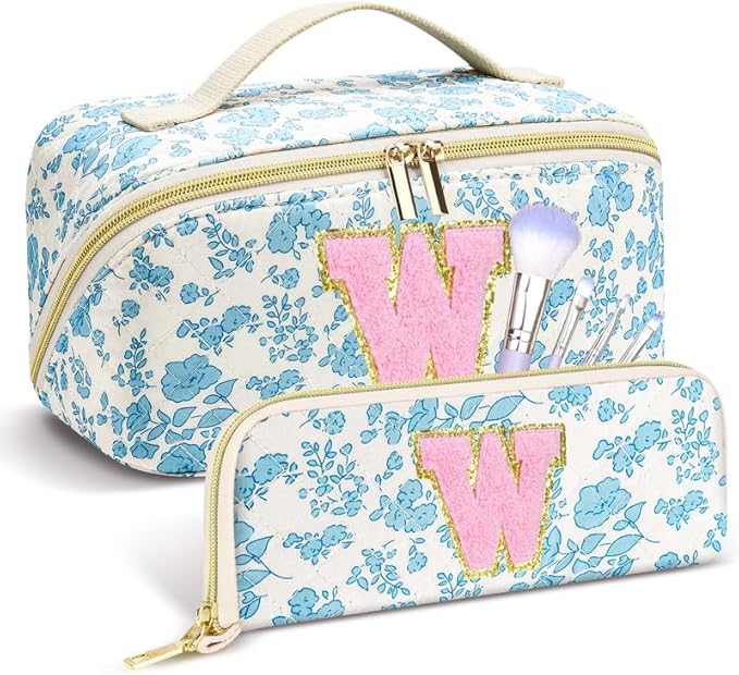Personalized Travel Makeup Bag Set,Initial Travel Cute Floral Makeup Organizer Bag,Toiletry Skincare Cosmetic Bag, Valentine’s Day Gifts for Women/Girls,Open Flat Toiletry Pouch with Brush Pocket-S