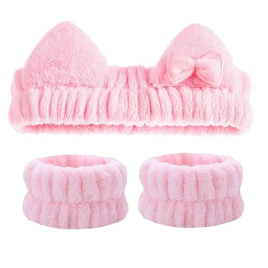 Cute Spa Headband and Wristband Set for Women Kawaii Ear Pink Makeup Headband for Washing Face (3PCS, Pink)