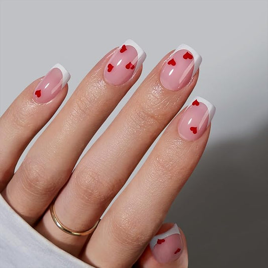 BTArtbox French Tip Press On Nails - Endless Love, Lamp-Curable Short Square Valentines Press On Nails with Glue and Adhesive Tabs for Women in 15 Sizes - 30 Soft Gel Glue On Nails Kit